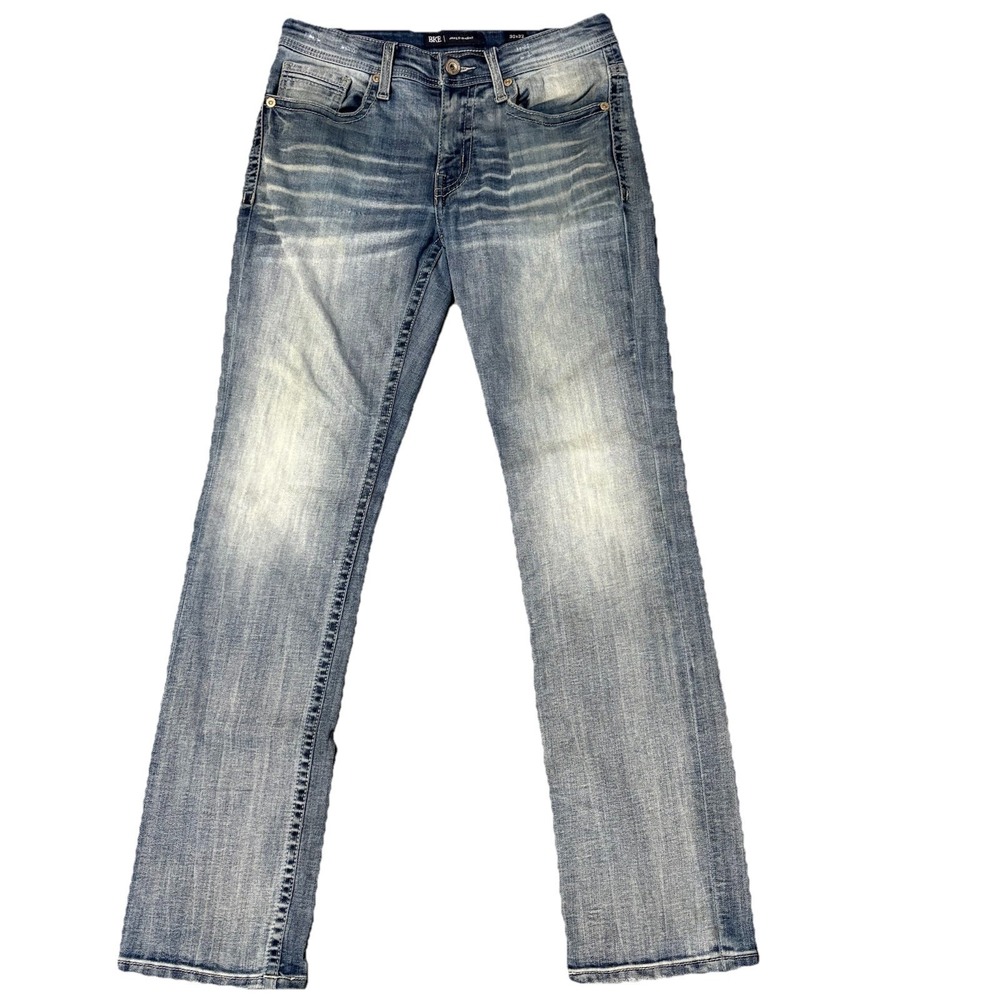 BKE Jake Straight Jeans Mens 30x32 Blue Light Wash Stretch Whiskered Faded Denim